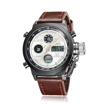 OHSEN Mens Analog Digital Watches Sport Dual Time Alarm Chronograph Genuine Leather Band Watch White