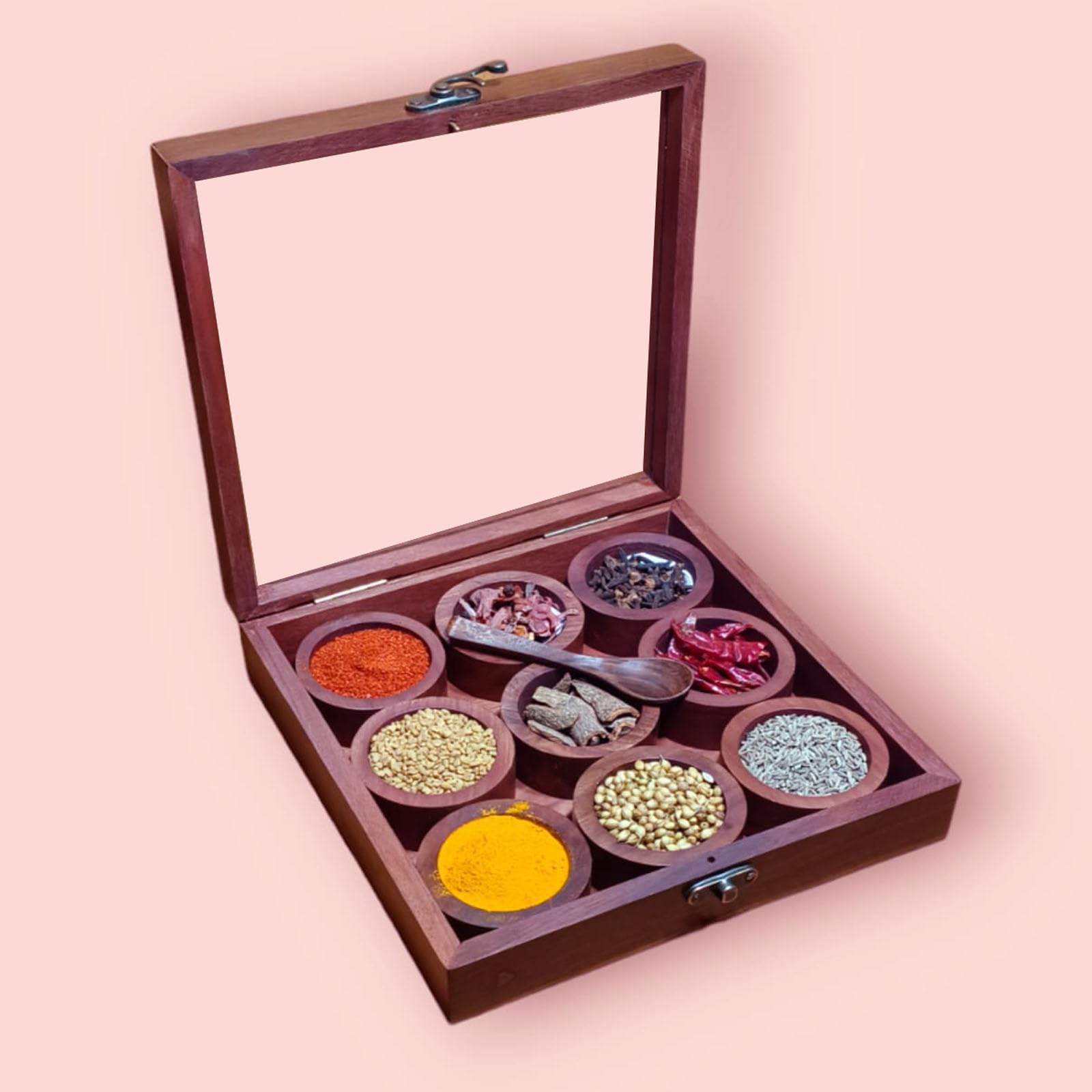 SATYA EXPORTS Wooden Spice Box/Wooden Masala Box Wooden Utility Masala Box/Glass Top/Made of Finest Wood/Quality Assured Spice Box