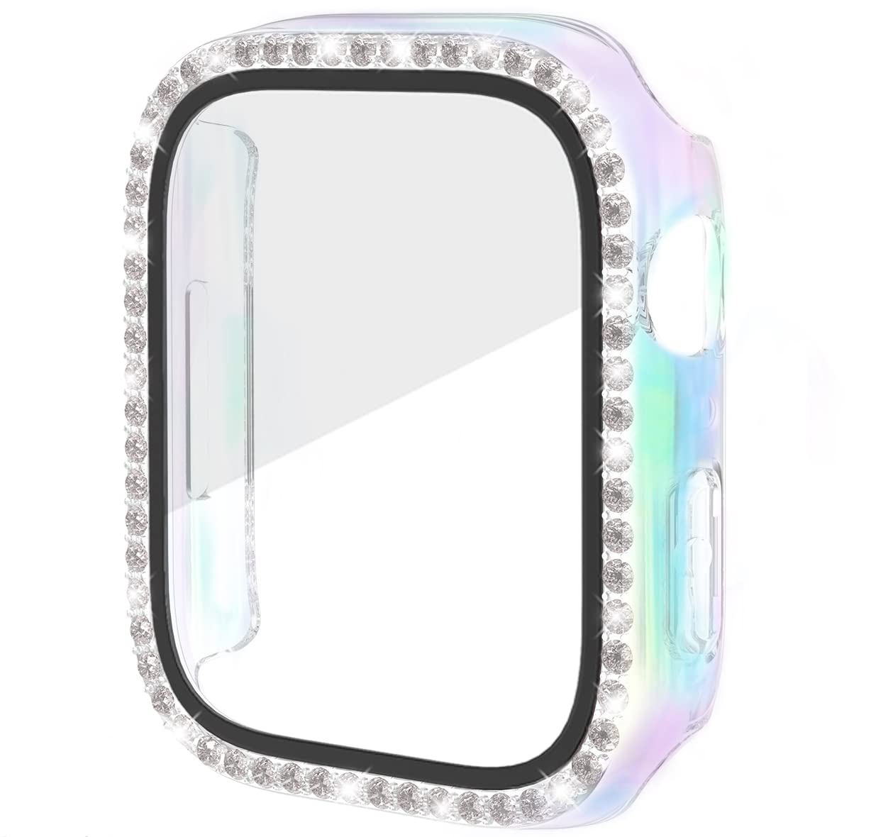 Miimall Bling Case Compatible for Apple Watch Series 8/7 45mm, PC Case with Tempered Glass Screen Protector&Crystal Diamonds, Ultra-Thin Full Protective Woman Bumper Cover for iWatch 8 45mm-Rainbow