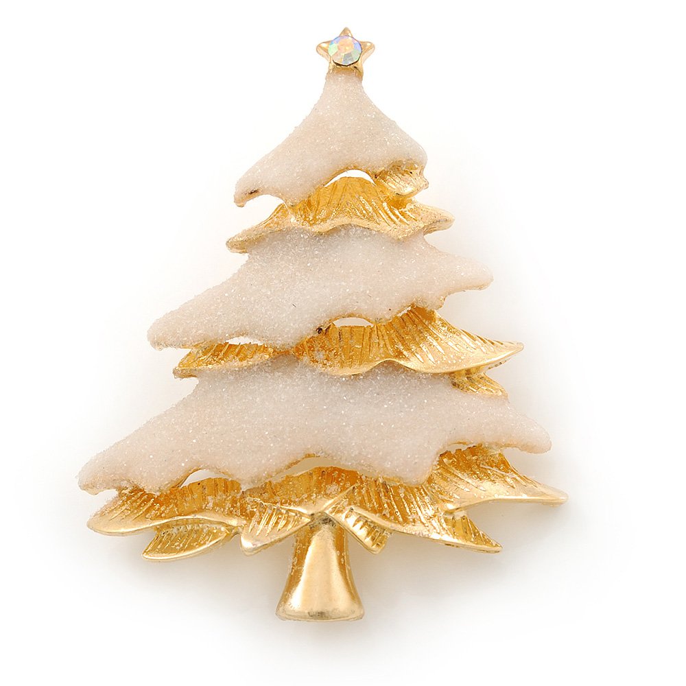 Gold Plated With Snow Effect 'Christmas Tree' Brooch - 6cm Length