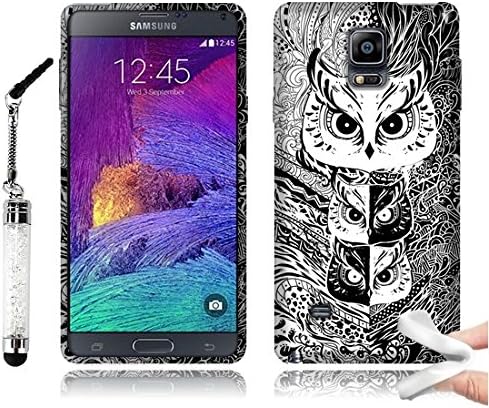 Tadnil Bundle Samsung Galaxy Note 4 N910 Flexible Slim Rubber TPU Skin Protector Cover Case - Black White Mystical Owl + Crystal Stylus