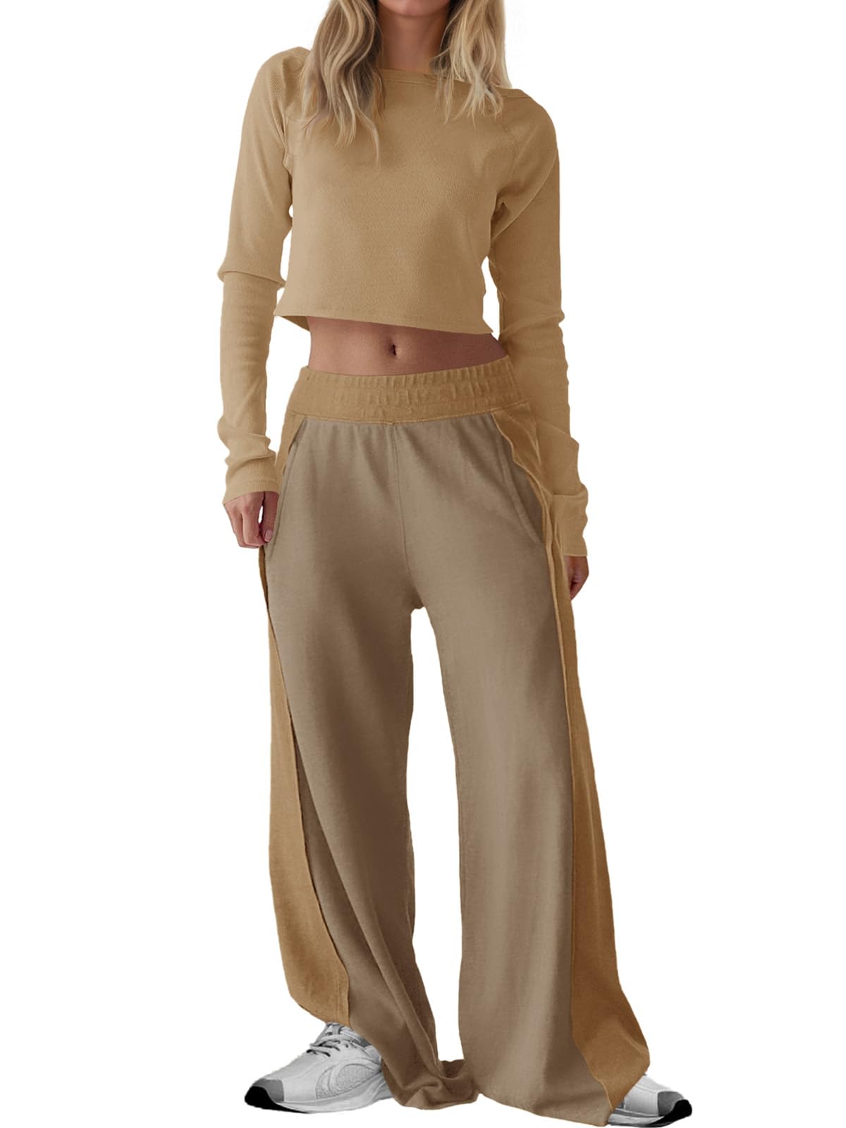 Photo 1 of Fisoew Womens 2 Piece Sets Casual Off The Shoulder Long Sleeve Crop Tops Wide Leg Pants Tracksuit Lounge Travel Outfits