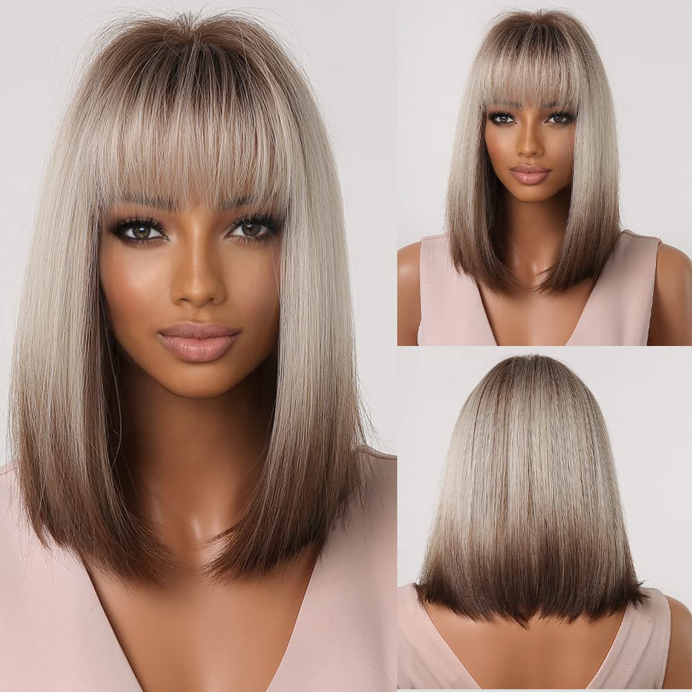 Photo 1 of Tumhorn Short Straight Brown with Grey Highlights Wigs Synthetic Bob Wigs for Women Heat Resistant Natural Looking Wig with Bangs