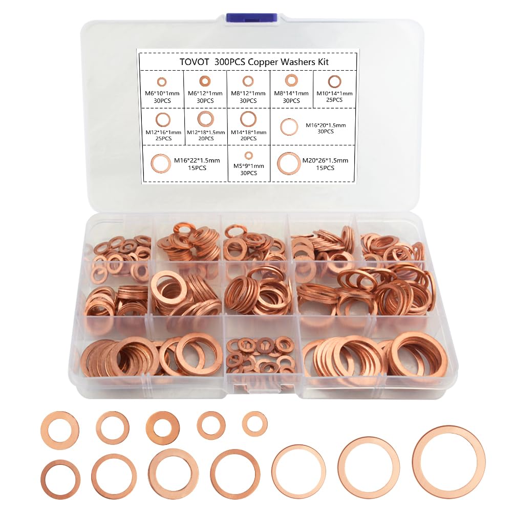 300PCS Copper Washers Assortment Set 12 Sizes Crush Washers Flat Washers Kit Copper Metric Washers (M5/6/8/10/12/14/16/20)