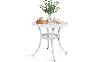Outvita Patio Side Table, 23.6in Outdoor Round Cast Aluminum Bistro Table with Umbrella Hole and Antique Design for Backyard Porch Pool Balcony Deck White