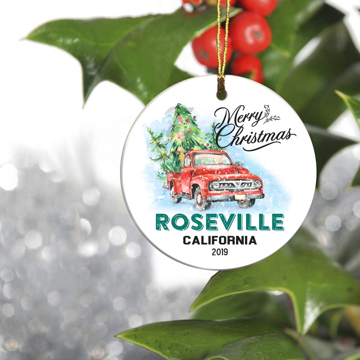 Christmas Tree Ornament 2019 - Merry Christmas Roseville California CA State - Keepsake Gift Ideas Ornament 3" Christmas 2019 for Family, Friend and Housewarming