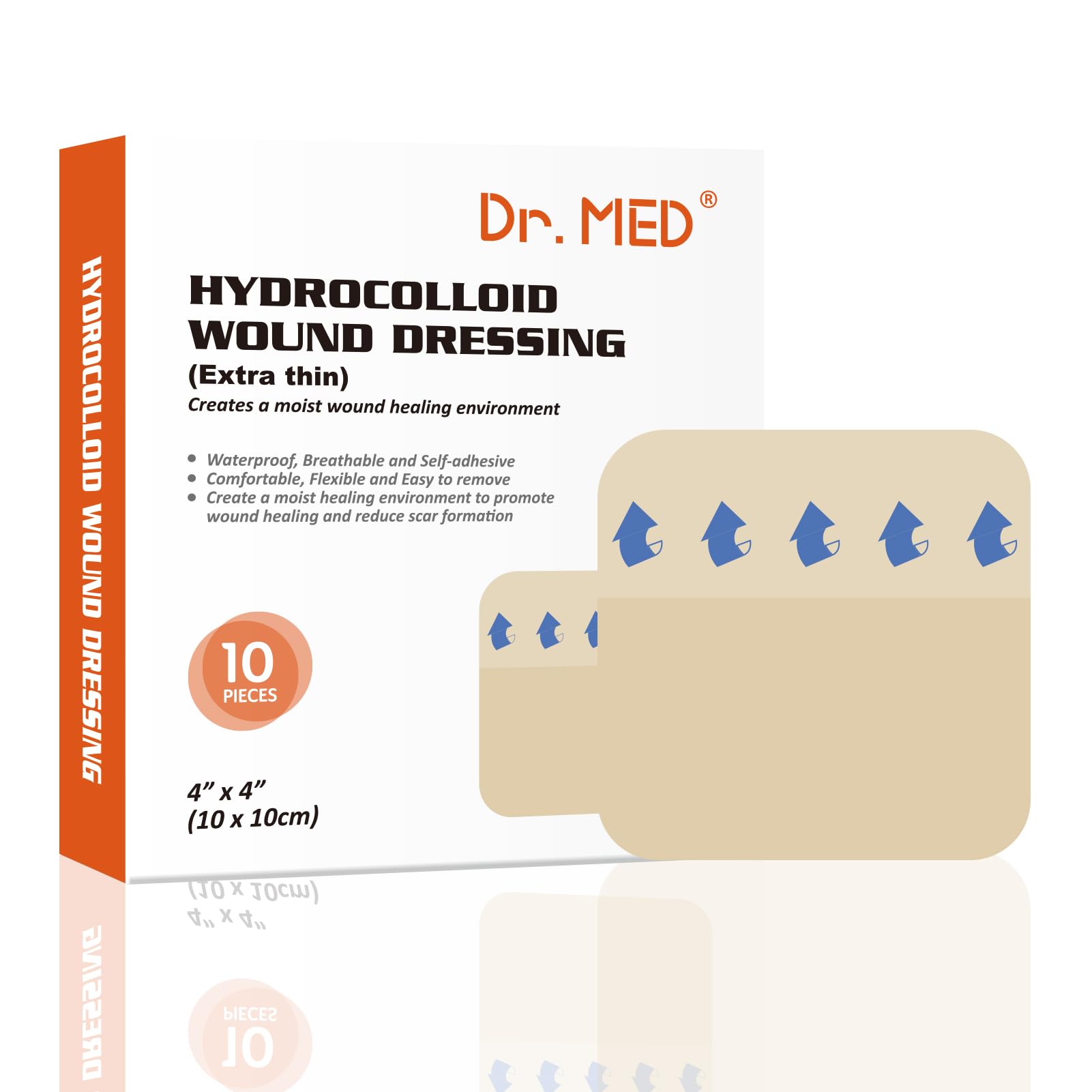 Photo 1 of Dr. Med Hydrocolloid Wound Dressing Extra Thin 4"x4"-10 Pack/Box, Waterproof Adhesive Bordered Bandage, for Light Exudate, Abrasions, Pressure Ulcer, Bed Sore, Superficial Wound Care