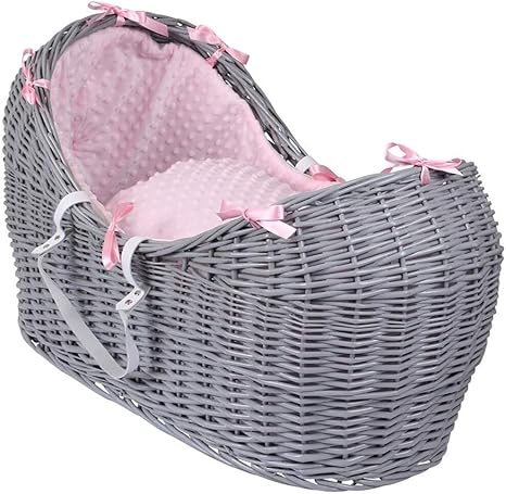 grey and pink wicker moses basket