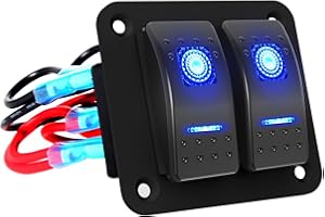 XHTECHNOLOGY Waterproof 2 Gang Aluminum Toggle Switch Panel, 12V/24V Rocker Switch Panel, On-Off Car Boat Switch, Blue LED Pre-Wired Switch Panel for Marine Boat Automotive Car RV Truck Vehicles