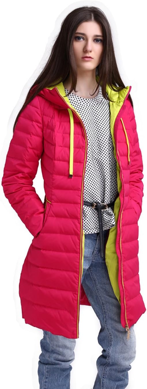 Rmly Women's Quilted Mid-long Zip-up Winter Down Parka with Hood Rose Red 2XL