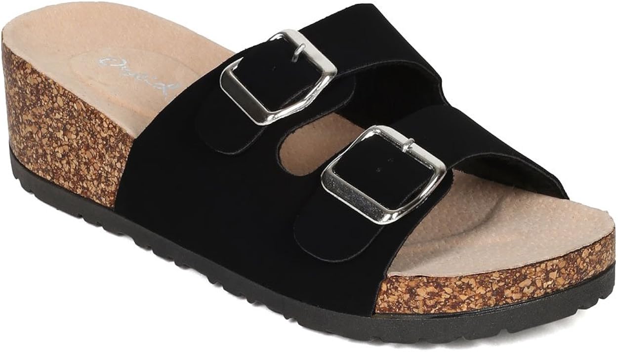 Amazon.com | Qupid Women Nubuck Double Buckle Wedge Footbed Sandal CD23 - Black Nubuck (Size: 6. 