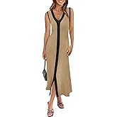 Saodimallsu Womens Summer Button Down Sweater Dresses Sleeveless V Neck Casual Ribbed Knit Color Block Midi Tank Dress
