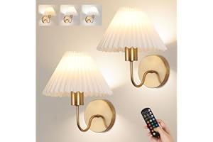 KELUOLY Wireless Wall Sconce Sets of 2, Pleated Shades Rechargeable Battery Operated Wall Sconce, Retro gooseneck Gold Wall Lights Bathroom Vanity Sconces, Wall Mounted Lamps for Bedroom Living Room Kitchen