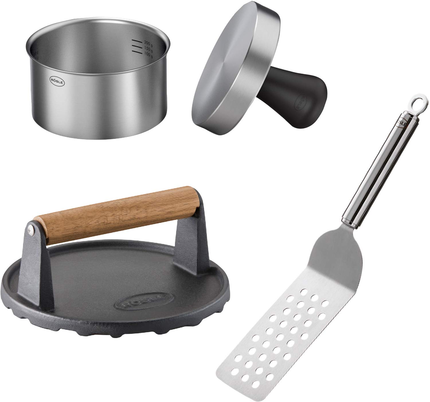 RÖSLE Barbecue burger set 3-piece, with burger press Pro, Barbecue weight and burger turner, 18/10 Stainless Steel, enamelled cast iron