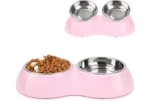 Petvillage Double Dog Bowl Set - Includes Two 6.9 fl oz Stainless Steel Bowls & Elevated Base, Ideal for Small to Large Pets, Feeding Solution for Dogs, Cats, Puppies - Pink