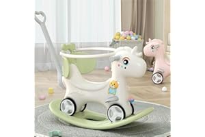 Runboll Rocking Horse for Toddlers, Baby Rocking Toy with Push Handle, Backrest & Detachable Balance Board, Riding Horse Toy for Baby Girl and Boy, 1-3 Years Old Kids Riding Birthday
