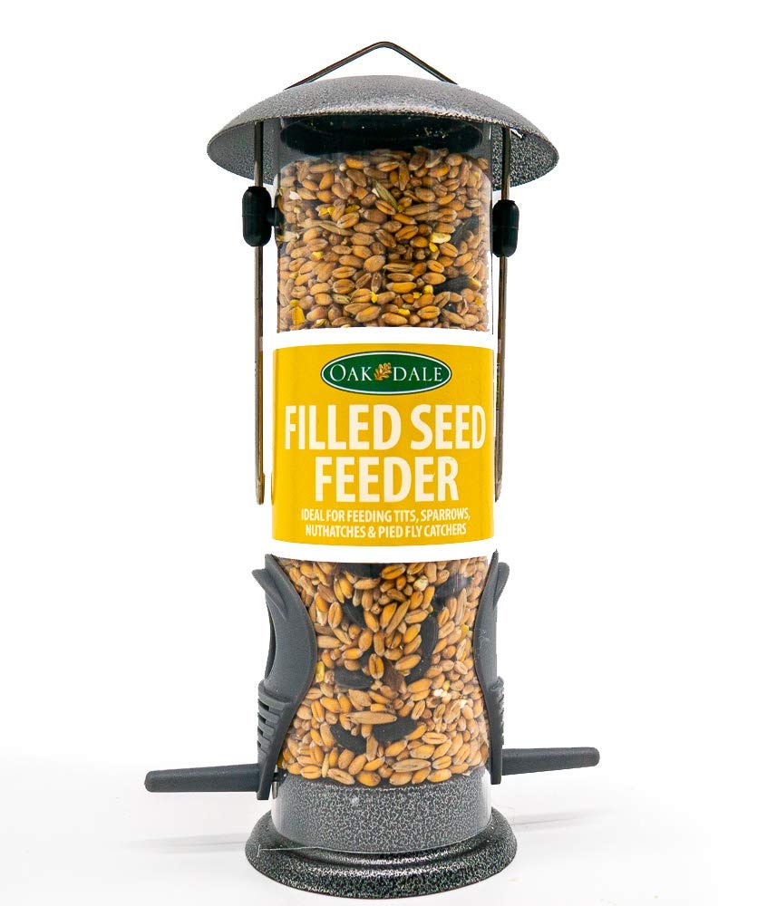 Oakdale Wild Bird Feeder Pre-Filled with Premium Seeds, Large Hanging Metal Frame with Dual Perches, Refillable Lawn and Garden Outdoor Use, Enjoy Birdwatching or Birding