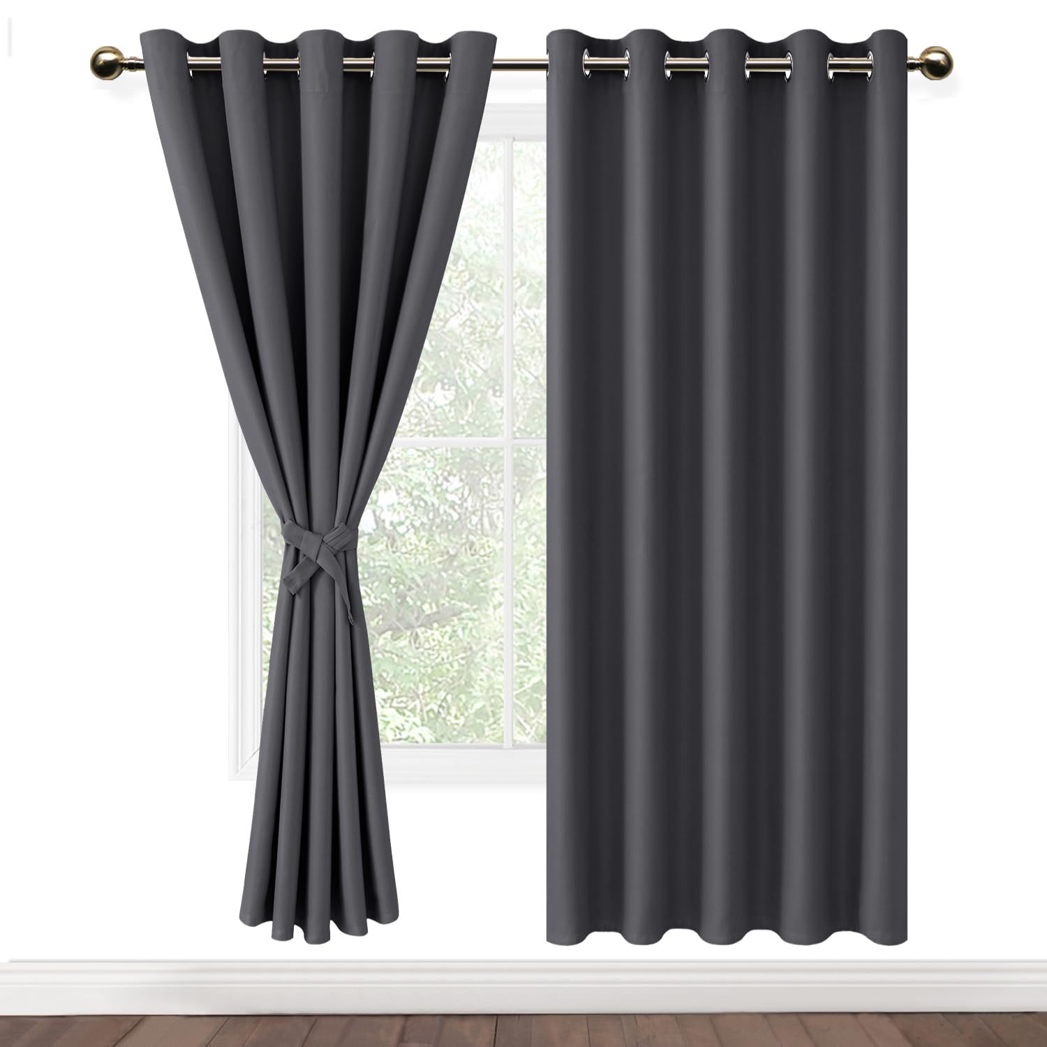DWCN Dark Grey Blackout Curtains with Tiebacks for Bedroom Thermal Insulated Solid Eyelet Curtains for Living Room,2 Panels,52" Wide x 63" Drop
