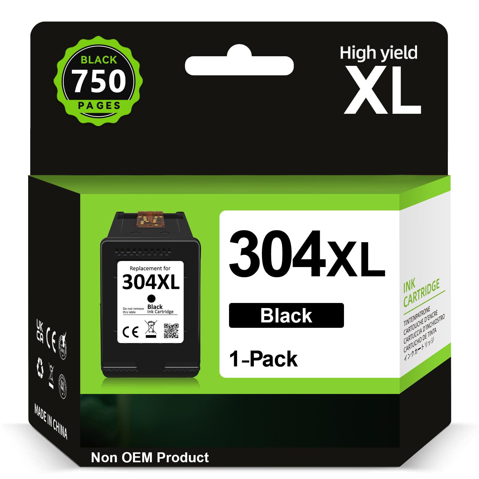 304XL High Yield Ink Cartridge Black- 750 Pages, Replacement for HP 304 Black Ink Cartridge Original, Printer Ink 304 XL for DeskJet 3760 3762 2600 2630 3700 3720 3750, Envy 5030 5032 5000 5010 5020