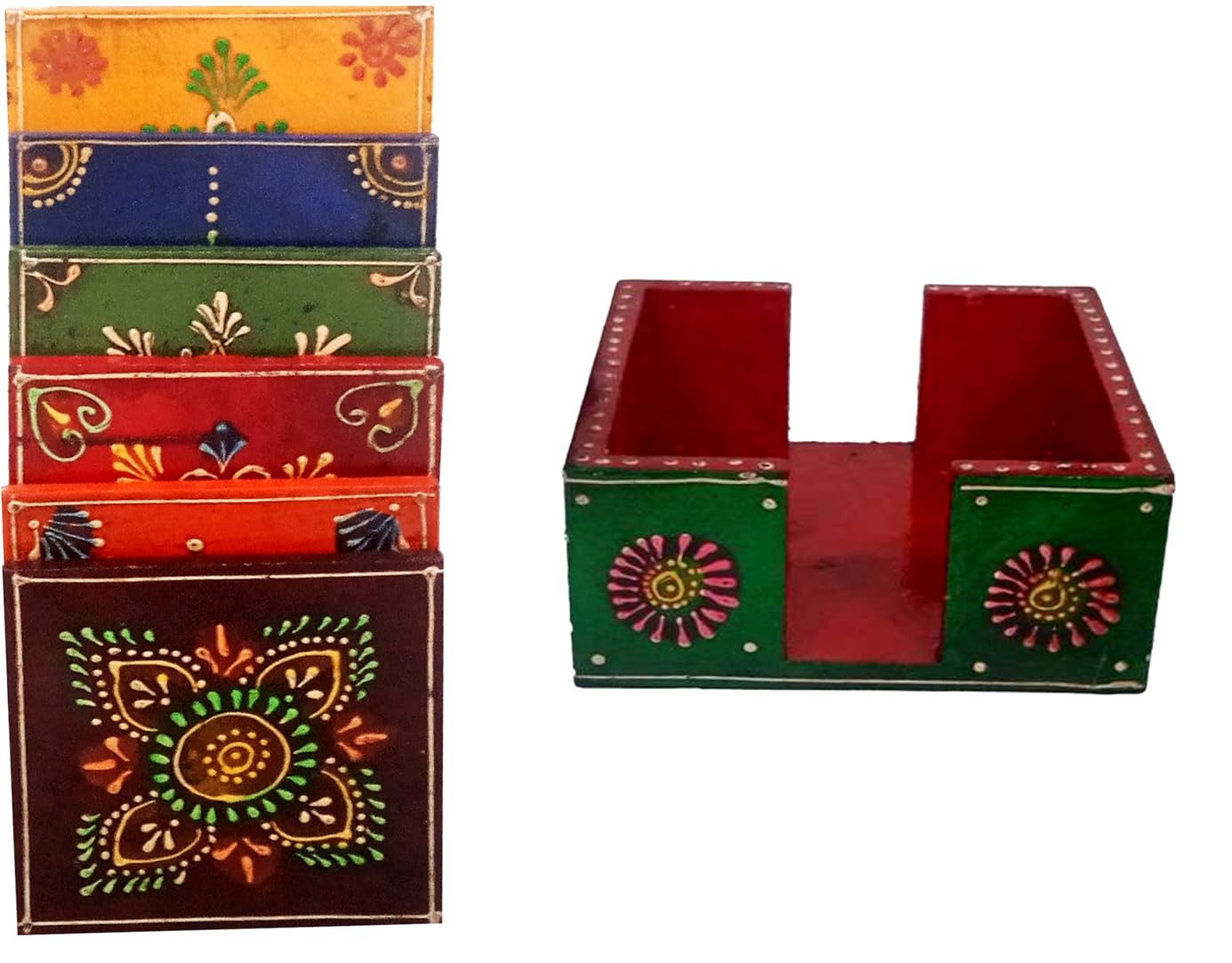 Purpledip Wooden Coasters 'Flora Fountain': Handpainted Set Of 6 Hot Pad Mat For Kitchen, Dining Or Bar (10260A) — image 1