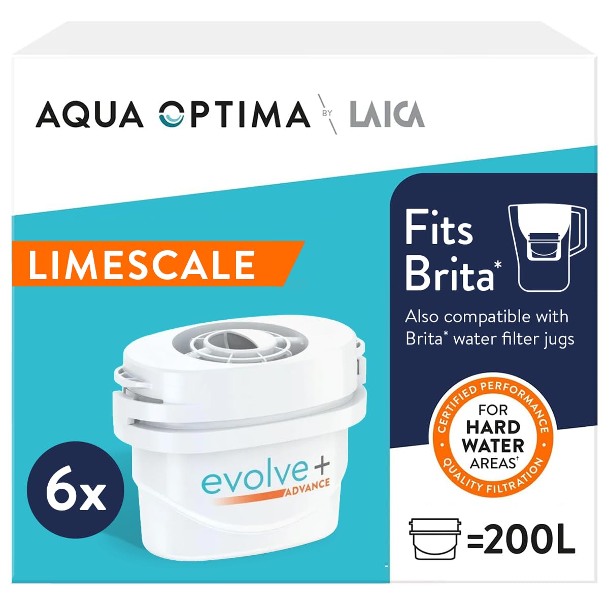 Aqua Optima Evolve+ Hard Water Limescale Filter Cartridges 6 Pack - Fits Brita Jugs & Alternative for Maxtra Filters - Reduces Limescale, Chlorine & Other Impurities - by LAICA (Packaging May Vary)