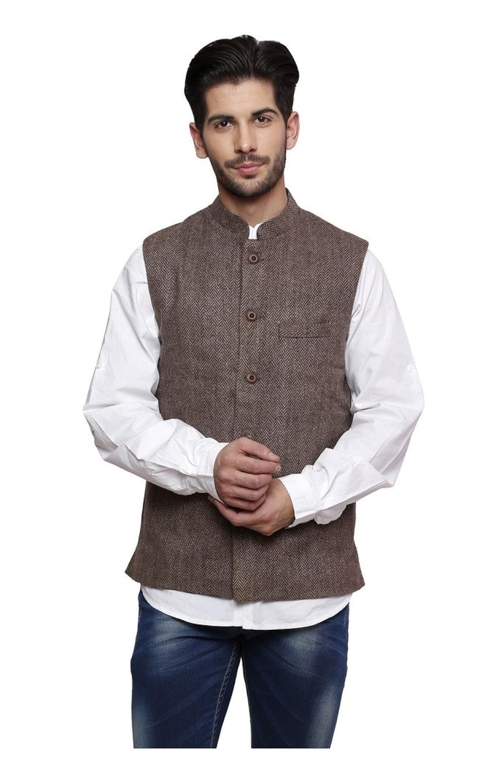 dhrohar men's woolen brown textured nehru waistcoat