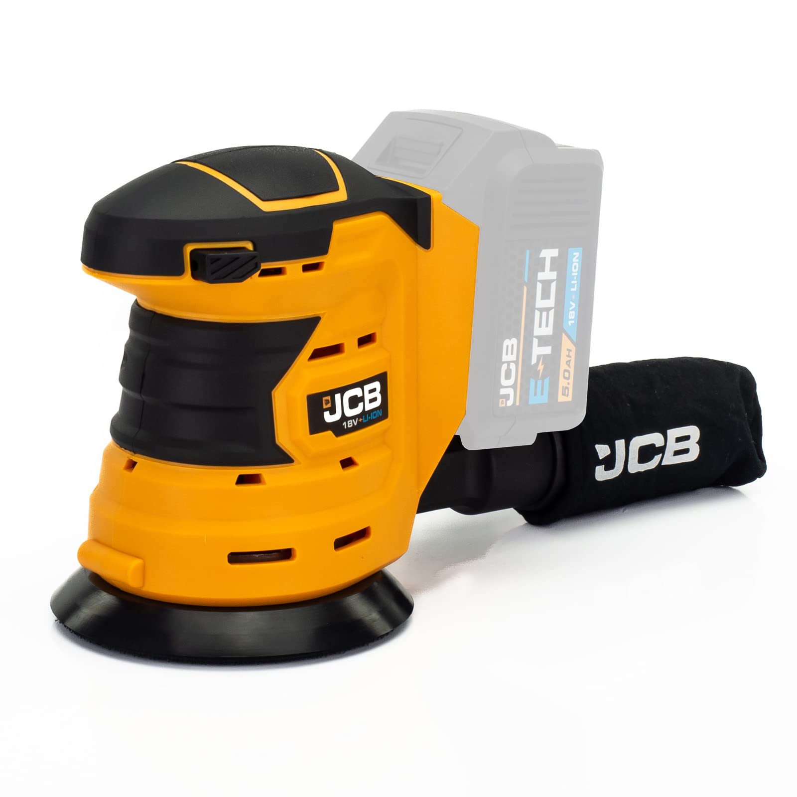 JCB 18V Cordless Random Orbital Sander, Bare Unit, 125mm 5'', Hook and Loop Base, Rubber Grip Over Mould & Dust Collector, 3 Year Warranty