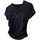 SOLY HUX Women's Crop Top Bowknot Short Sleeve Crew Neck T Shirts Summer Tees Aesthetic Clothes