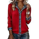 CBZDJX Women's Waffle Knit Top with Denim Collar Cuffs Button Front Long Sleeve Pullover Casual Office Outfits