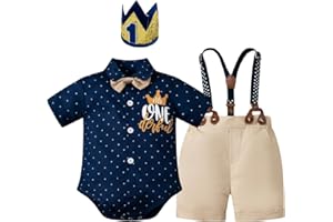 bakjuno 1st Birthday Outfit Boy Mr Onederful First Birthday Bowtie Romper + Suspender Shorts+ Party Hat Cake Smash Outfits