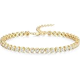 FANCIME 925 Sterling Silver Tennis Bracelet Round Cubic Zirconia Classic CZ Gemstone Imitation Diamond Bracelet Fine Jewelry Birthday Gifts for Women Mom Wife Her, Chain Length 6.3+1.6 Inch