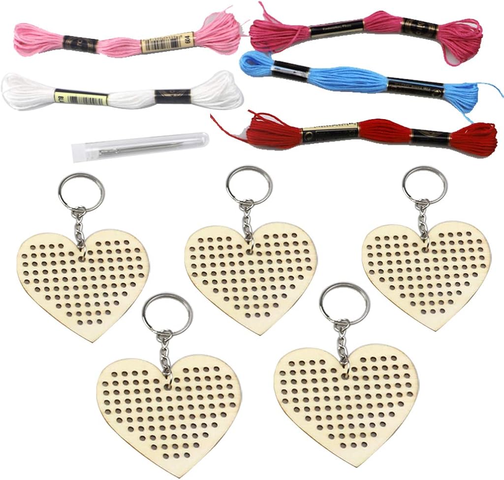 5pcs Heart Wooden Cross Stitch Embroidery Key Chain Ring