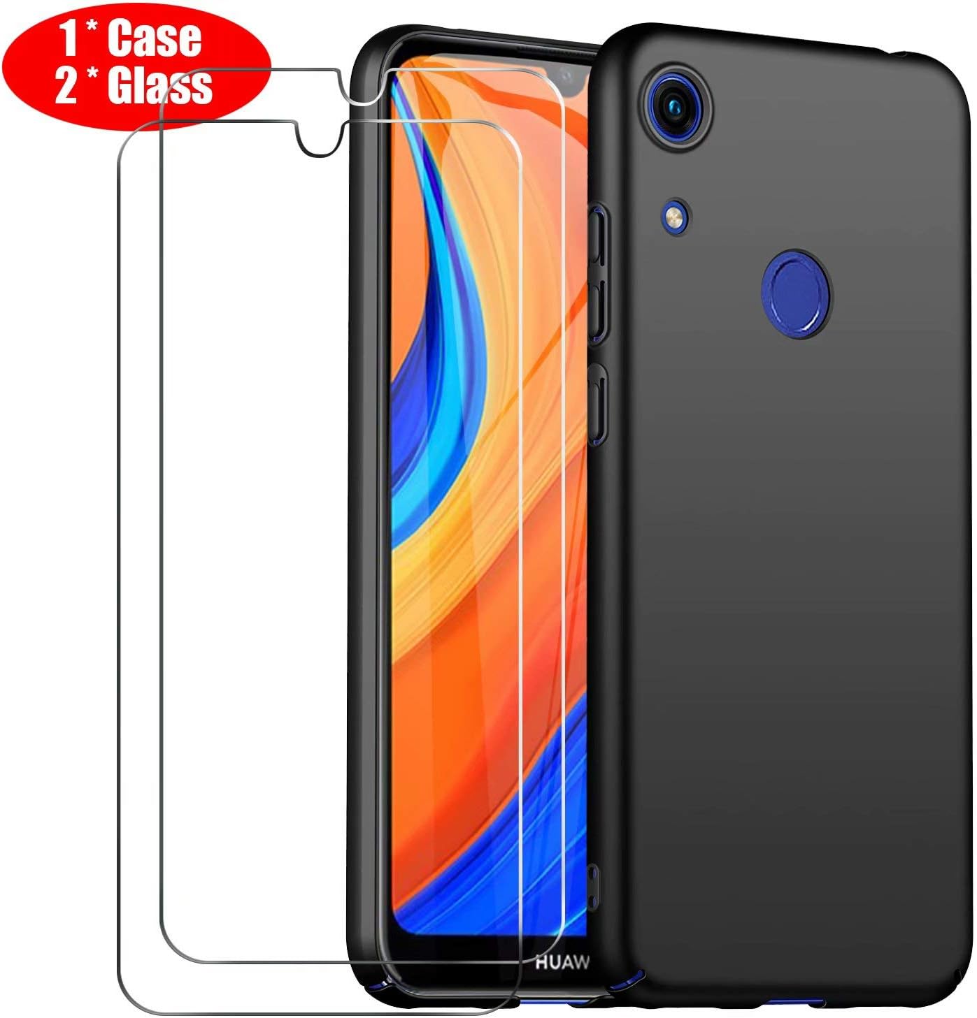 cookaR Huawei Y6s Case with Screen Protector Tempered Glass[1 Pack] Ultra Thin SlimAnti-Slip Matt Finish Protective Back Cover for Huawei Y6s Smartphone, Smooth Black