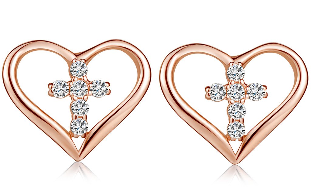 Yumilok Jewelry 925 Sterling Silver Rose Gold Plated Cubic Zirconia Hollow Heart with Cross Stud Hypoallergenic Earring for Women/Ladies/Girls