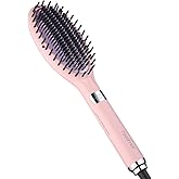 Rozamor Ionic Hair Straightener Brush – Ceramic Straightening Brush with 6 Temp Settings, LCD Display, Auto-Off, Dual Voltage Flat Iron with Anti-Scald Design, Pink