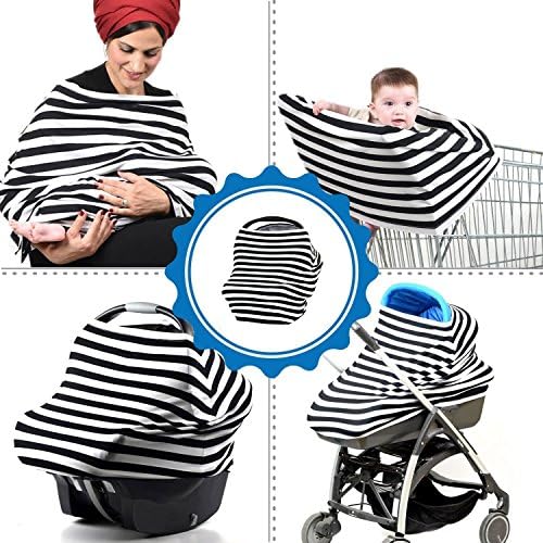 The Best Nursing Breastfeeding Cover Scarf - Baby Car Seat Canopy, Shopping Cart, Stroller, Carseat Covers for Girls and Boys - Best Multi-Use Infinity Stretchy Shawl (Black White Stripes)