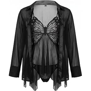 Mulavishandra Women's Satin Lace Lingerie Set with Robe, 3pc Nightgown | Sexy deep V teddy bodysuit, sheer kimono robe, premi
