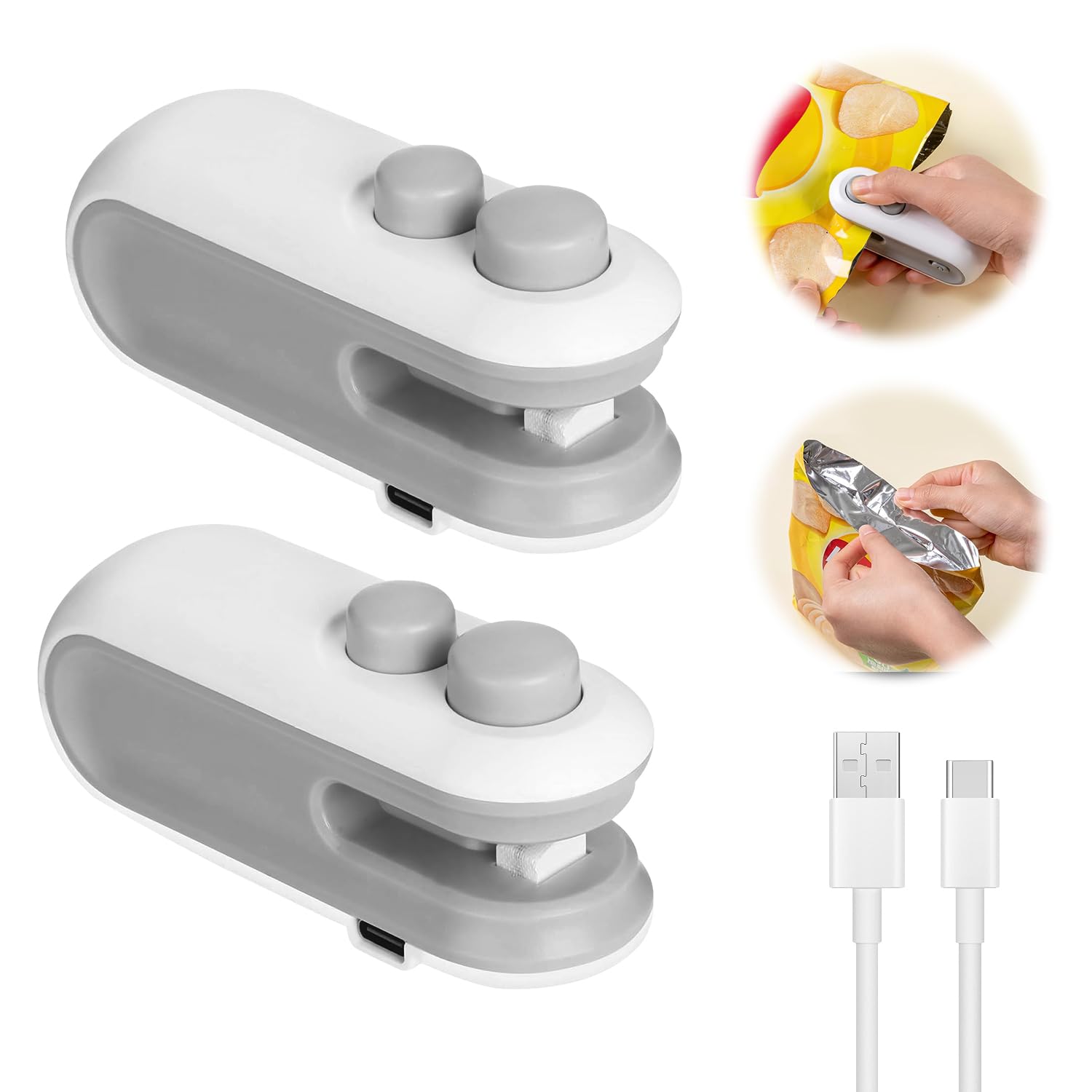 Photo 1 of 2Pcs Mini Bag Sealer, Rechargeable Heat Sealing Machine, 2 in 1 Chip Bag Sealer with Cutter and Magnet, Portable Bag Resealer Machine, Handheld Food Sealer for Snack Plastic Bags Food Storage, White