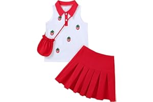 Ecolala Girls 2 Piece Outfit Preppy Strawberry Graphic Sleeveless Polo Shirt and Pleated Skirt Set with Crossbody Bag