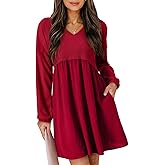 Dokotoo Womens Fall Dresses 2025 Casual V-Neck Long Sleeve Empire Waist Waffle Knit Mini Dress with Pockets