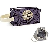 SuoSycorax Halloween Night Bat Printed Quilted Makeup Pouch for Women - Velvety Polyester Cosmetic Organizer w/Triple Compartments, Travel & Makeup Brush Holder