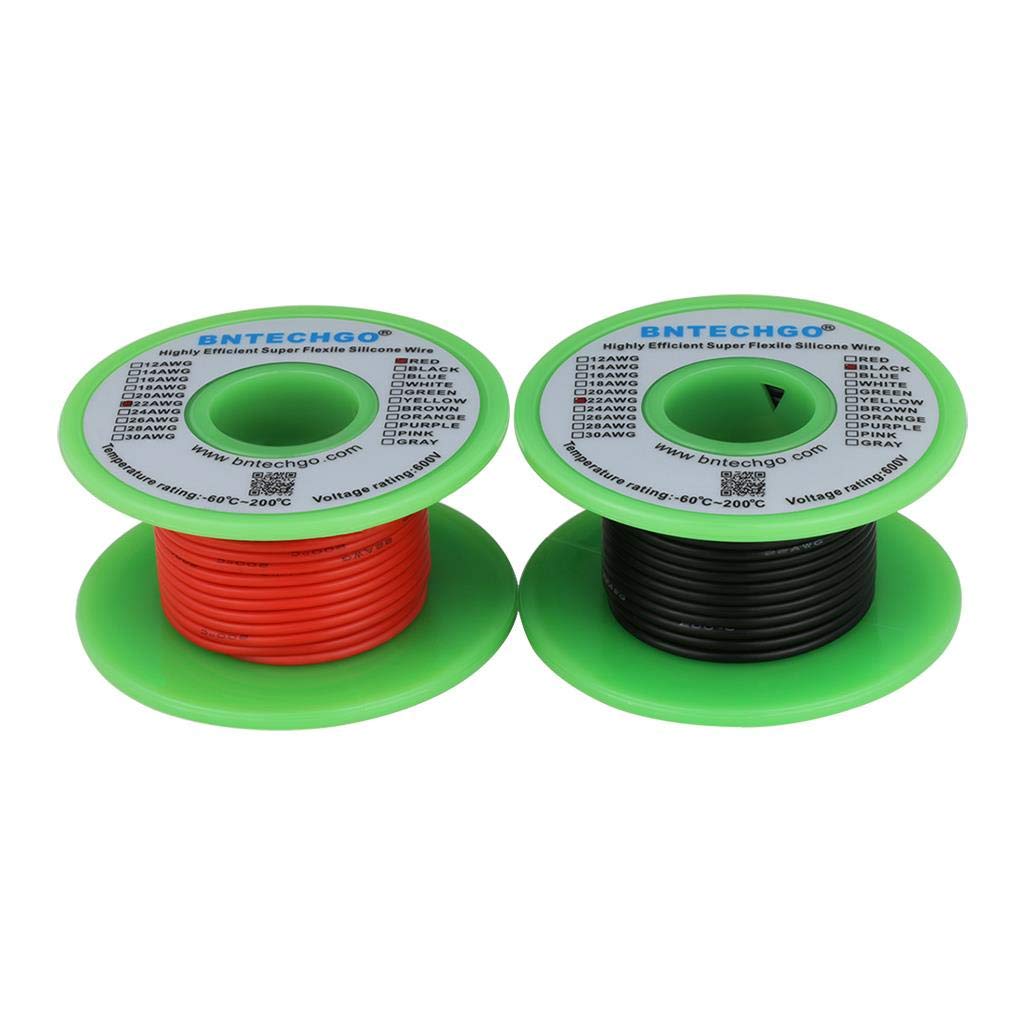 BNTECHGO 22 Gauge Silicone Wire Spool 100 ft Ultra Flexible High Temp 200 deg C 600V 22 AWG Silicone Wire 60 Strands of Tinned Copper Wire 50 ft Black and 50 ft Red Stranded Wire for Model