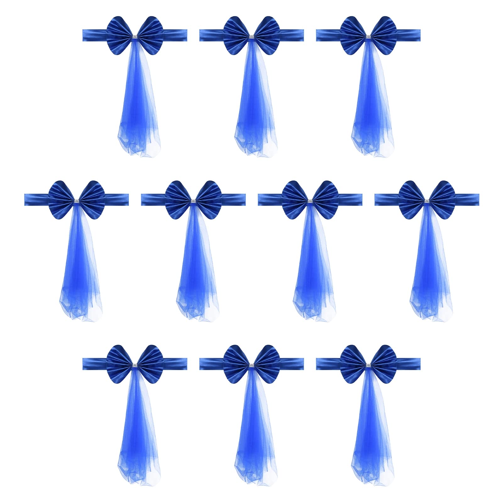 PATIKIL Stretch Satin Chair Sashes Bows, 12 Pack Chair Bands Decoration with Mesh Yarn Floating Tied for Wedding Banquet Events, Dark Blue