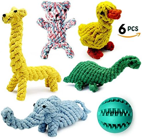 Dog Toys, Nesoul Animal Design Cotton Rope Toys with Rubber Treat Ball, Puppy Pet Play Chew Training Teething Toys for Small to Medium Sized Dogs(Set of 6)
