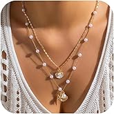 Shell Starfish Necklace for Women, 14k Gold Plated Boho Layered Beaded Charm Pendant Necklace, Dainty Adjustable Pearl Conch Summer Beach Vacation Jewelry Gifts