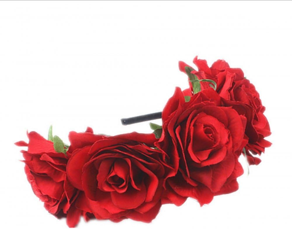 CHSYOO Red Headband - Ladies & Girls Flower Tiara - Wedding & Party Accessory - 5 Roses - Elastic & Comfortable - Image 3