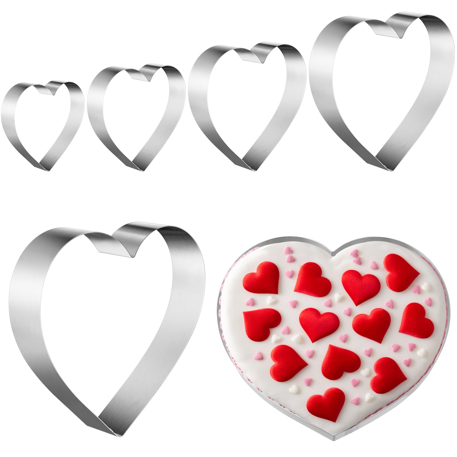 Photo 1 of Eaasty 5 Pieces Round Cake Ring Set Biscuit Cutter Cookie Cutters Cake Mold Stainless Steel Pastry Ring for Baking Mousse Pancake Tart Muffin(Heart Shaped,5 Sizes)