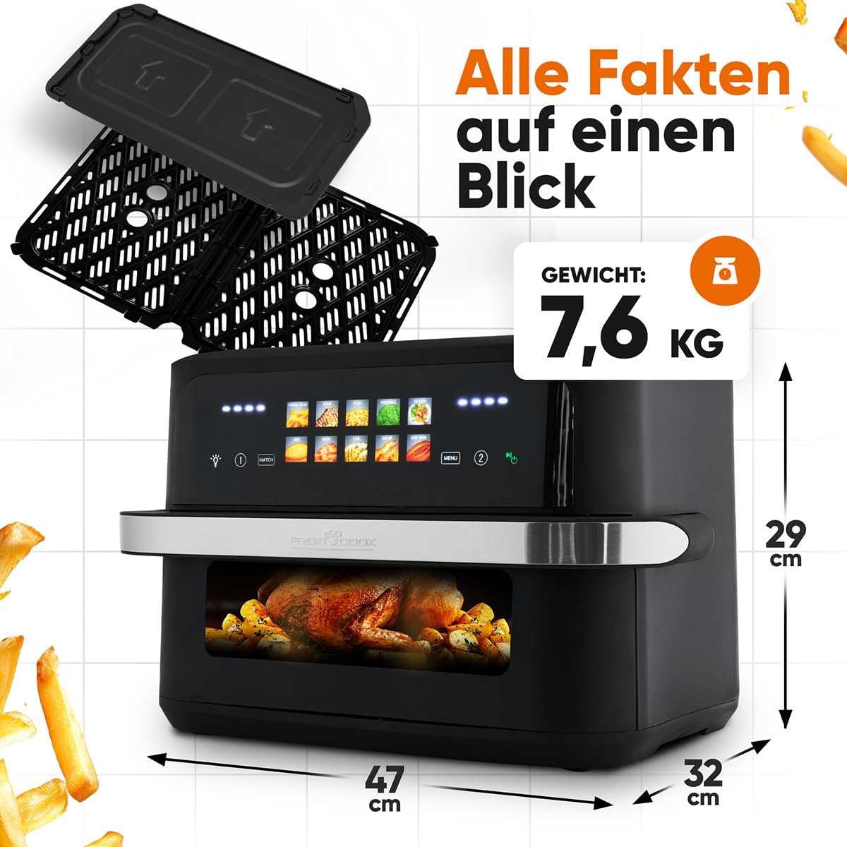 ProfiCook® XXL Heißluftfritteuse | 10L | Öl und Fettfrei | buntes Touch-Display | 2400W Airfryer | Heißluftfritteuse 2 Kammern | 10 Programme | 80-200°C | Heissluftfritteuse | PC FR 1313 H 7