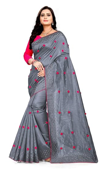 MM Venture Women's Zoya Silk Saree With Hotfix And Pompom Work Blouse Piece (PumpumVariation)