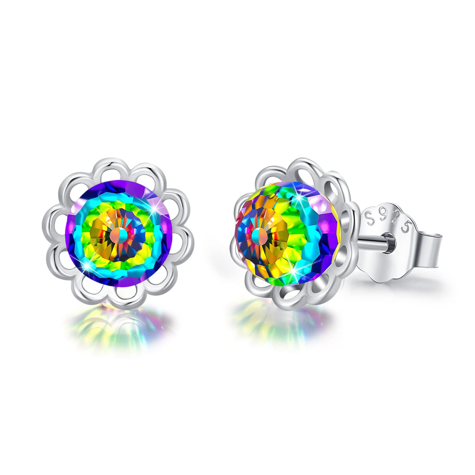 Colorful Crystal Ball Earrings,Flower Earrings for Women 925 Sterling Silver Austria Crystal Flower Stud Earrings Jewellery for Girl